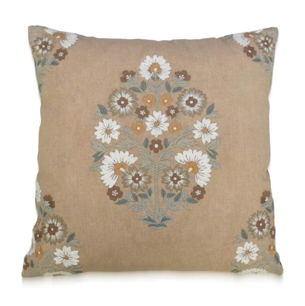 Artisan Detail Hand Embroidered Floral Botanical Cotton Decorative Cushion Cover