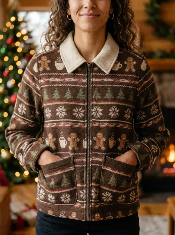 Christmas Gingerbread Snowflake Print Zip-up Jacket