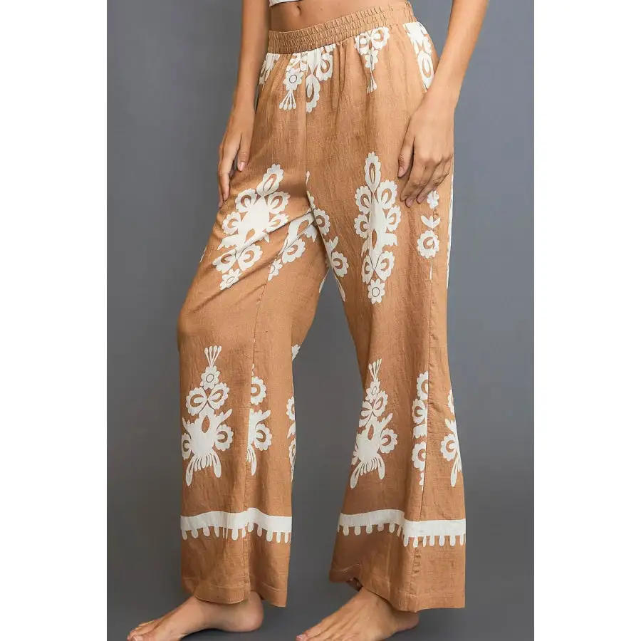 Full Size Border Print Wide Leg Pants Plus Size