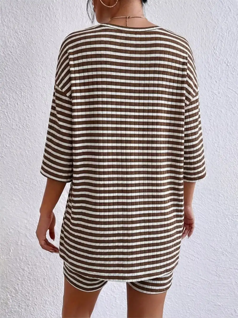 Striped Round Neck Top Shorts Set