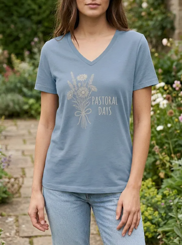 Women's Pastoral Days Wildflower Bouquet Printed V-neck T-shirt