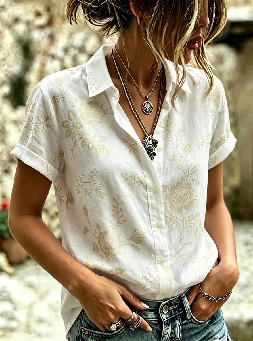 Women's Floral Botanical Rose Printed Short Sleeve Shirt