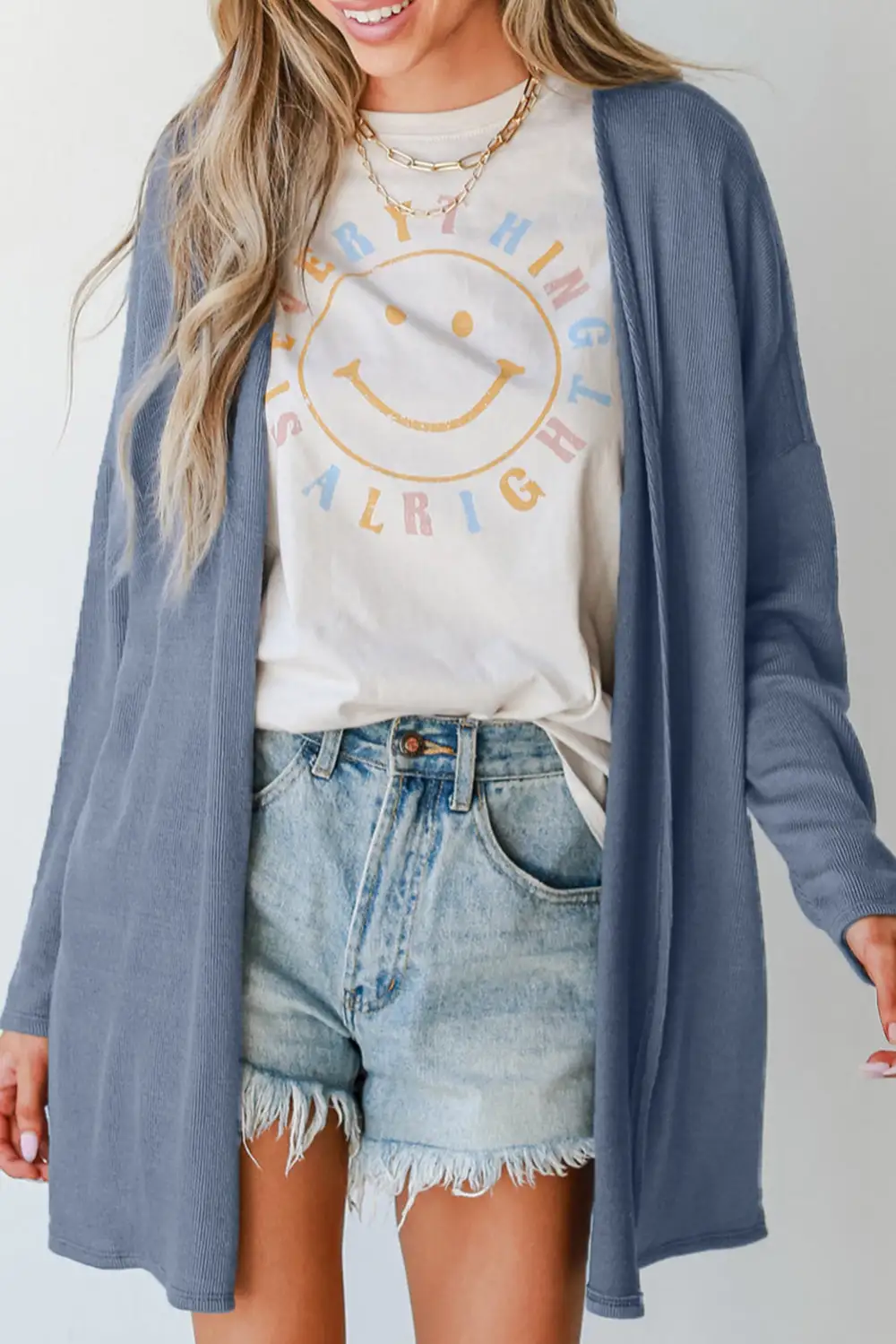 Solid Rib Knit Open Front Tunic Cardigan