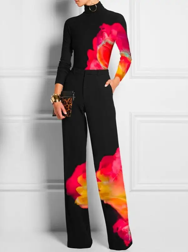 Long Sleeve Slim Fit Contrast Print High Neck T-Shirt