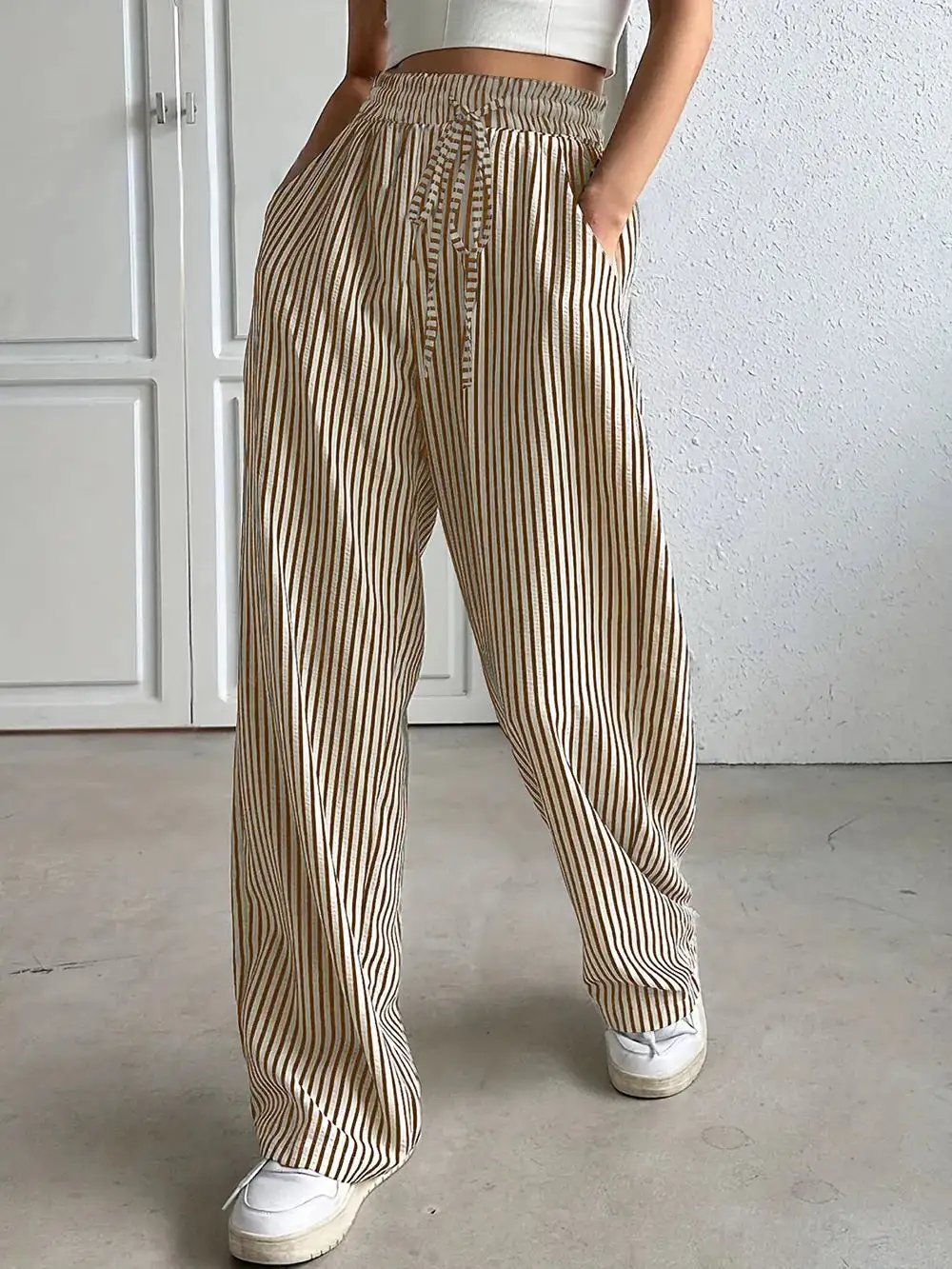 Drawstring Elastic Waist Striped Pocketed Pants