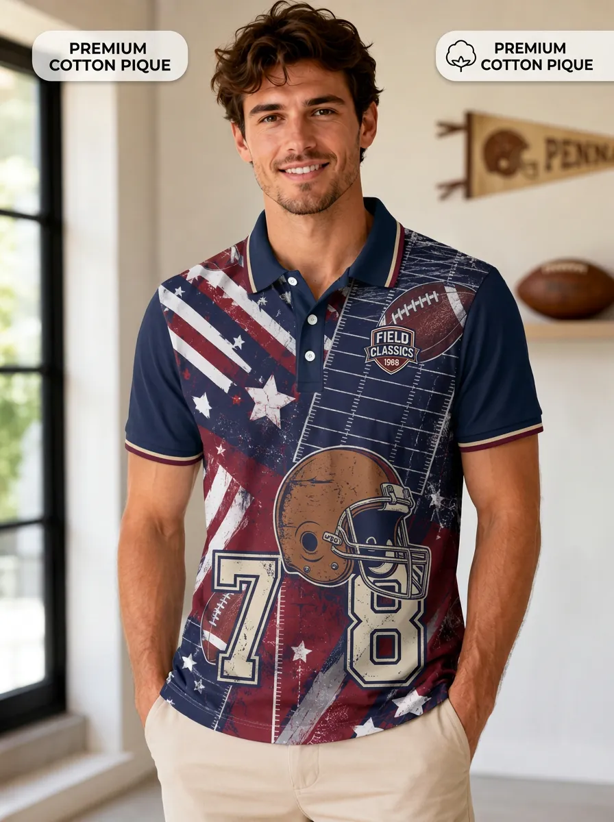 Men's Retro Gridiron Helmet Number Polo Shirt