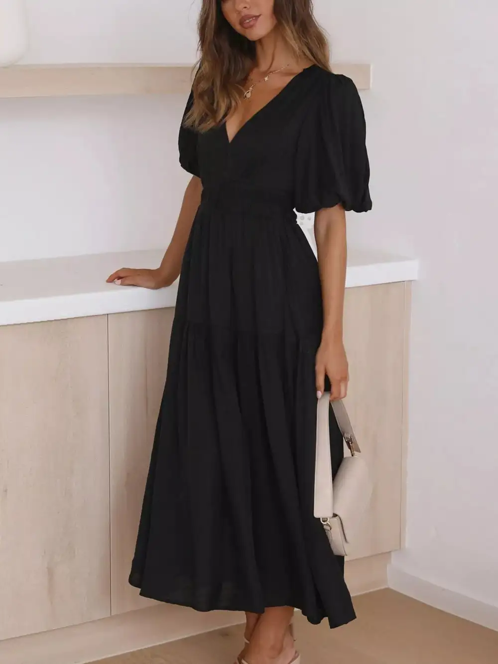 V Neck Puff Sleeve Midi Dress