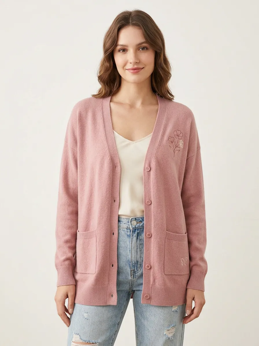 Pink Butterfly Floral Embroidered Cardigan