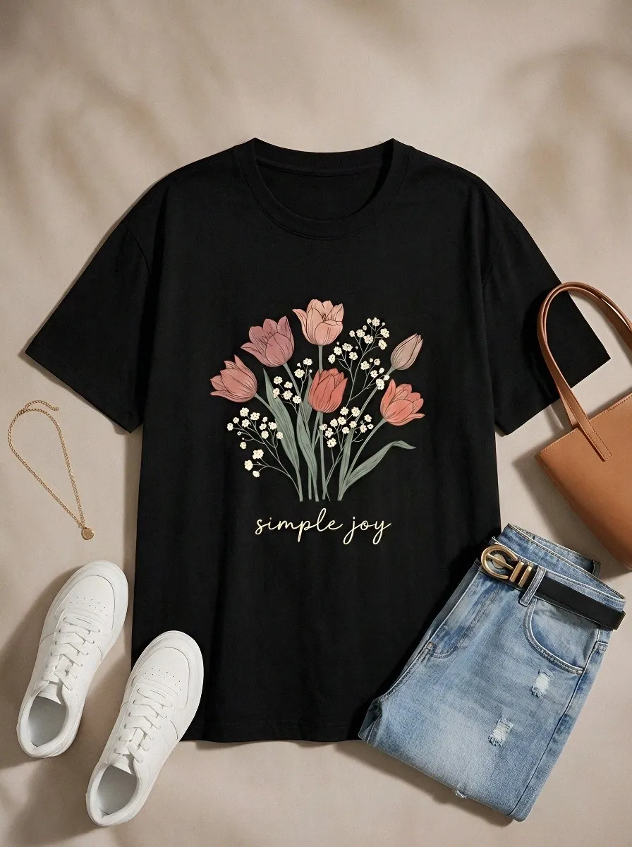 Women's Floral Lover Simple Joy Tulip Bouquet Printed T-shirt