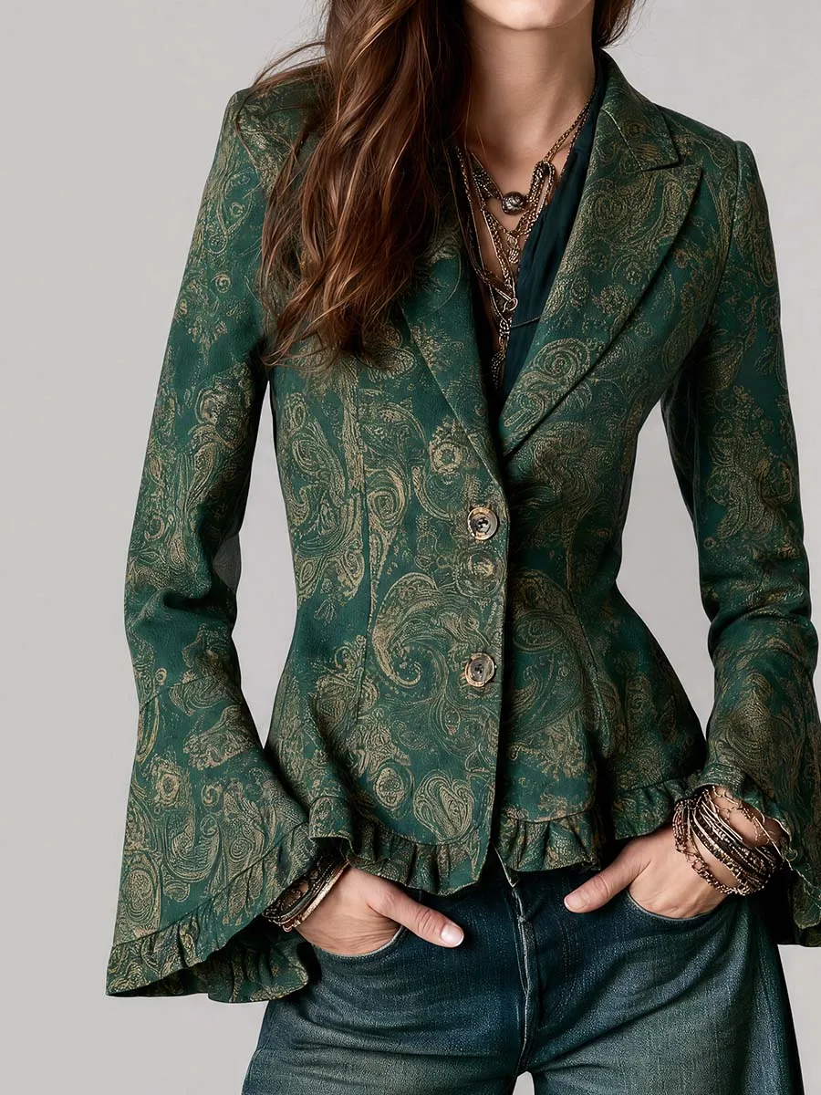 Bohemian Paisley Print Flared Sleeve Button Front Blazer