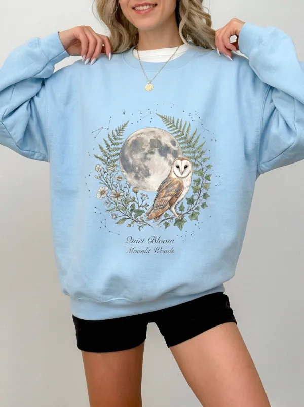 Women's Nature Lover Moonlit Owl Floral Printed Sweatshirt