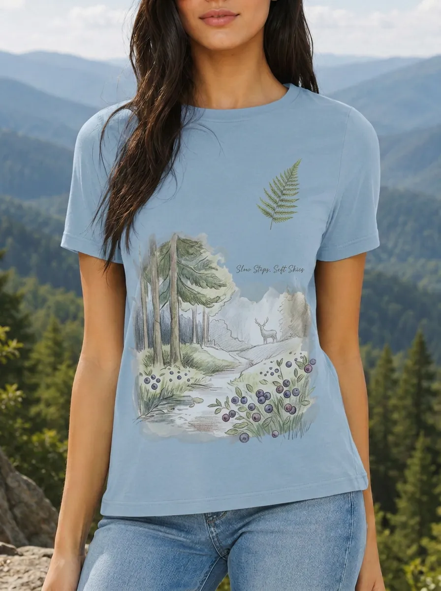Women's Forest Nature Lover Deer Fern Blueberry Printed T-shirt
