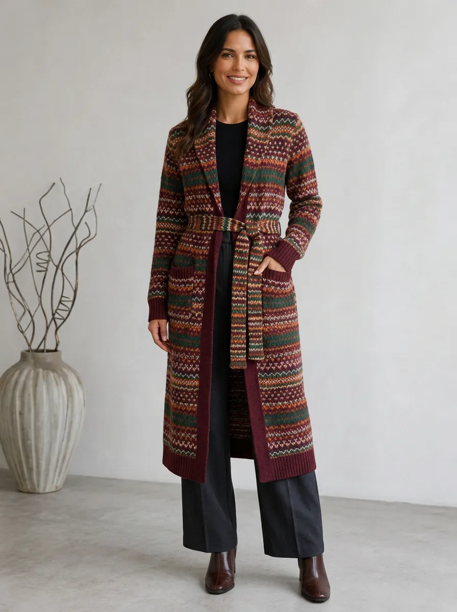 Women's Vintage Fair Isle Pattern Belted Knitted Cardigan