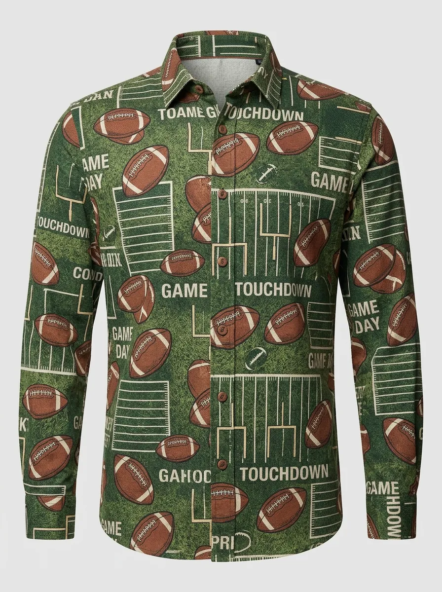 Men's American Football Game Day Touchdown Printed Button-Down Shirt