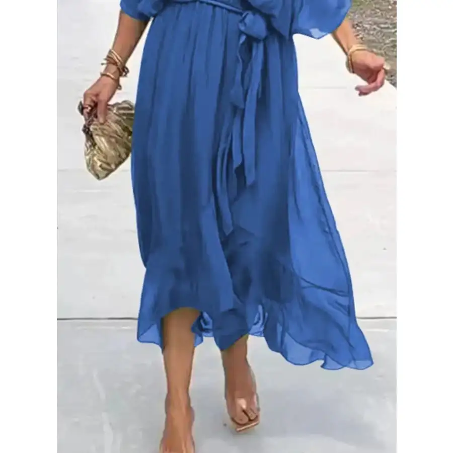 Full Size Flowy Tie Front Midi Dress with Flutter Sleeves Plus Size