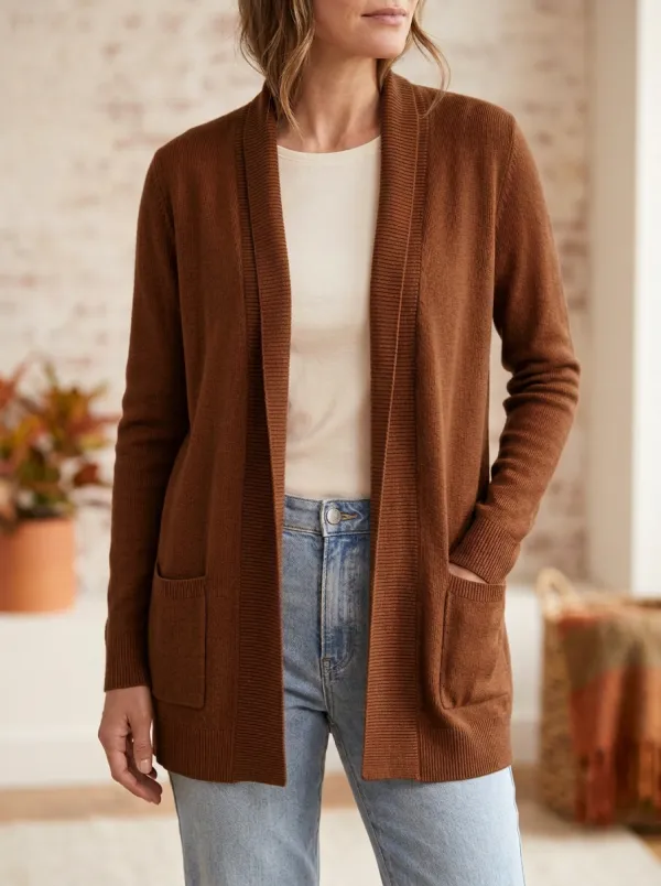 Natural Open-Front Knit Cardigan