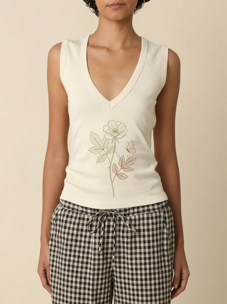 Women's Botanical Nature Lover Flower Butterfly Printed V-neck Tank Top