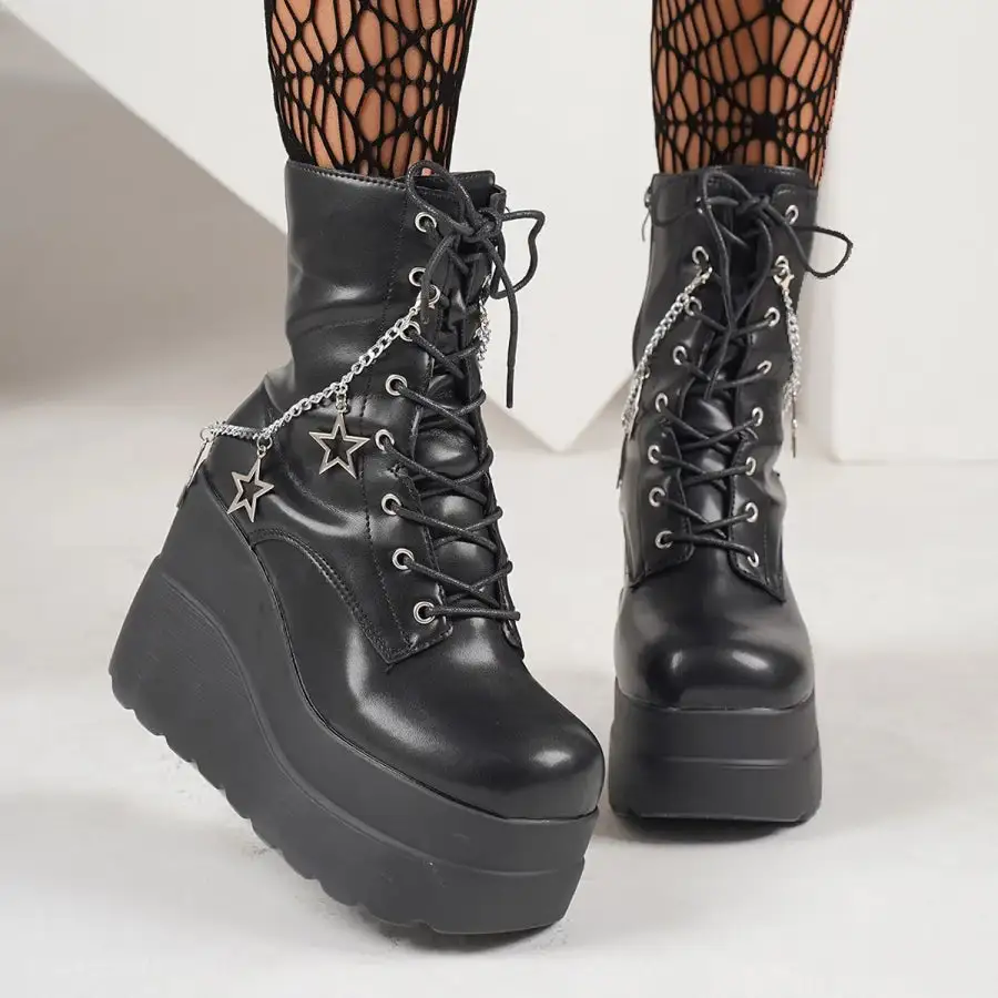 Textured Lace Up Platform Wedge Boots