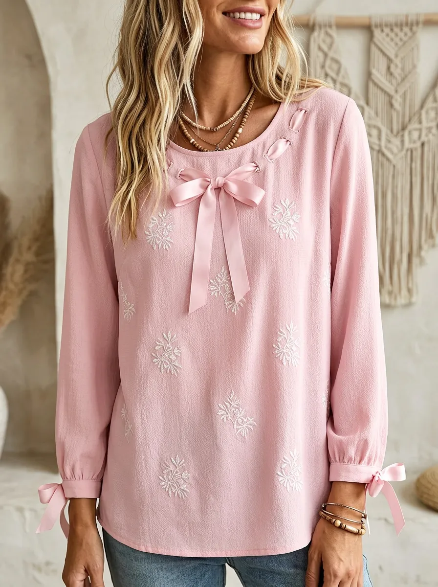 Women's Round Neck Bow-detail Gathered Cuff Blouse