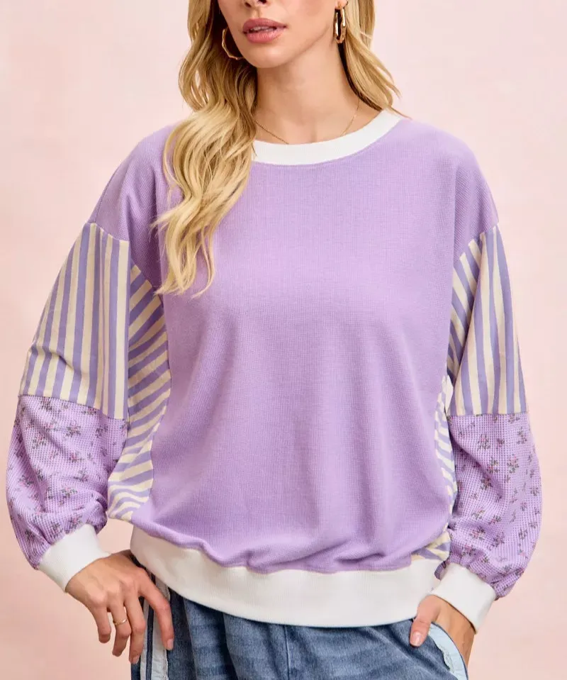 Mix and Match Sweatshirt with Floral Sleeve Striped