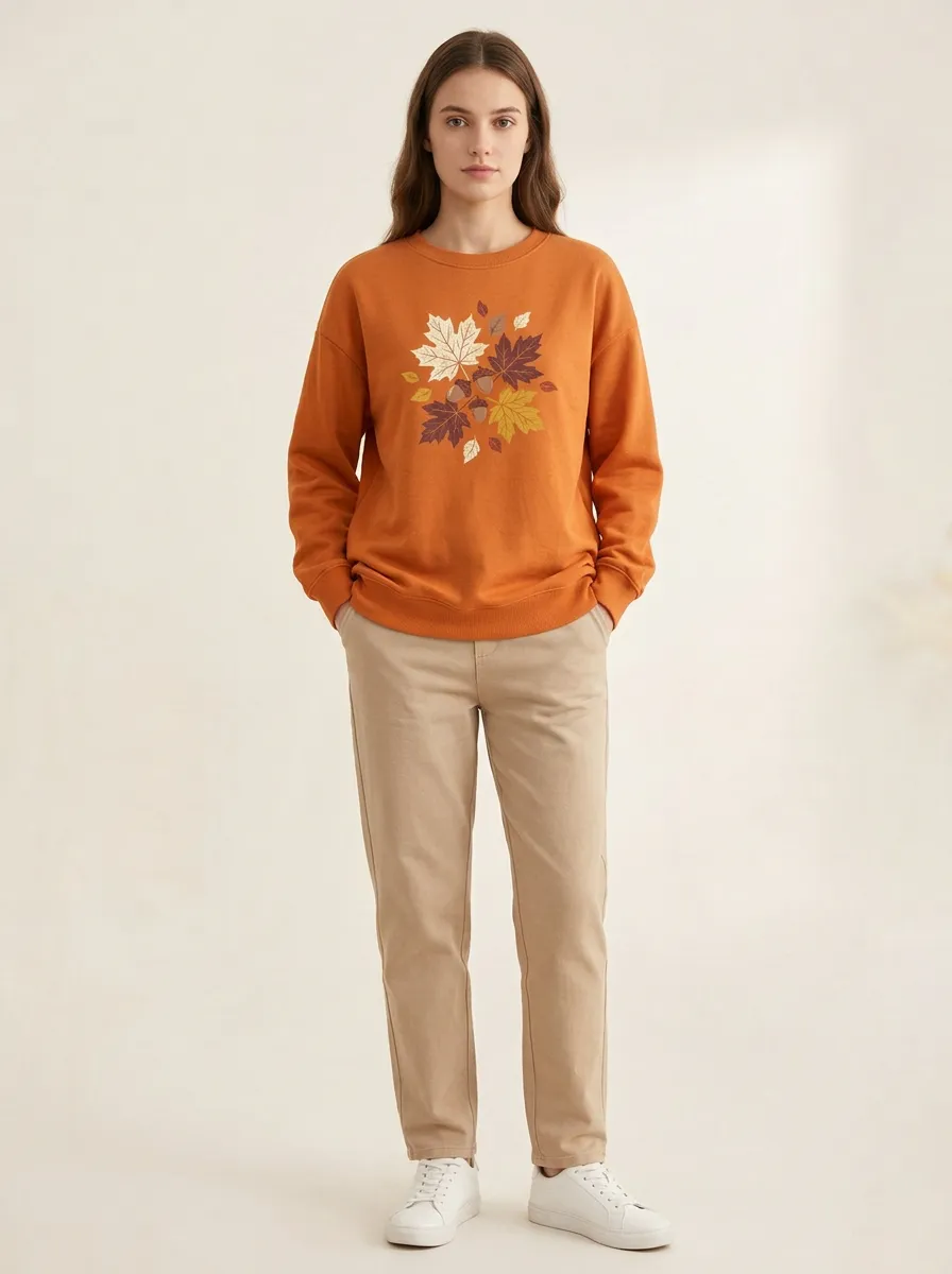 Casual Maple-Leaf Printed Acorn Graphic Sweatshirt