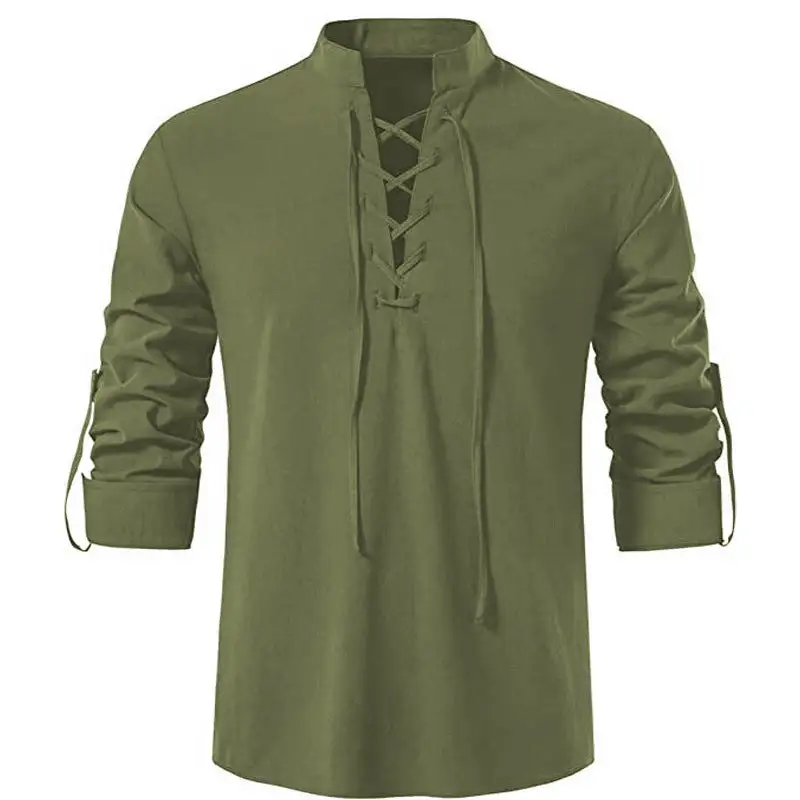 Men's Casual Lace-up Shirt With Stand-up Collar Linen-Cotton Blend And Roll-up Sleeve Tabs