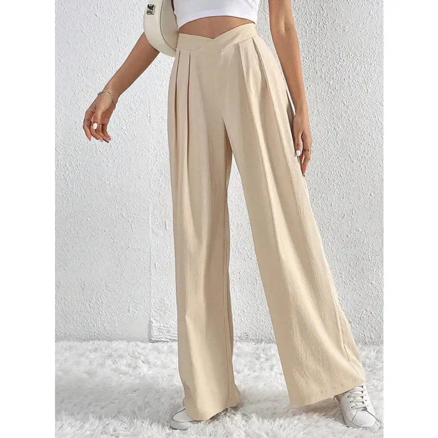 V Waisted Ruched Front Wide Leg Pants