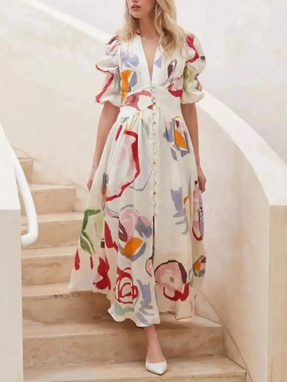 Full Size Abstract Puff Sleeve Midi Dress Plus Size