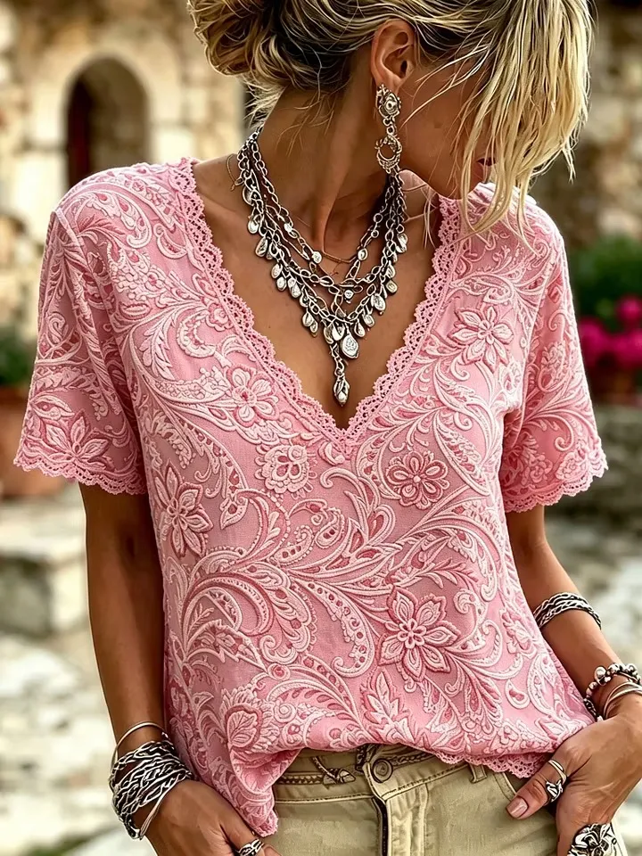 Women's Retro Bohemian Style Floral Embroidery Print V-neck Top