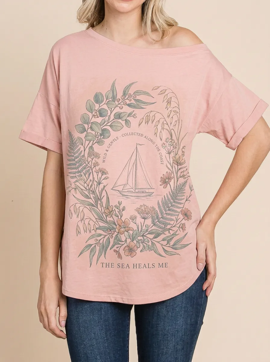 Women's Coastal Nautical Sailboat Floral Wreath Printed T-shirt