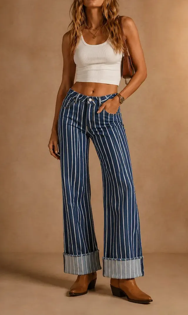 Wide Leg Cuffed Low Rise Vintage Style Denim Jeans