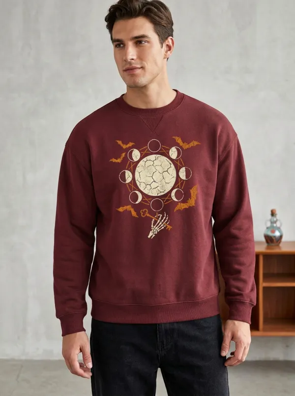 Men's Halloween Moon Skeleton Hand Bats Sweatshirt