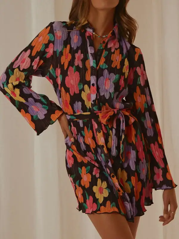 Long-Sleeve Cotton Printed Mini Dress