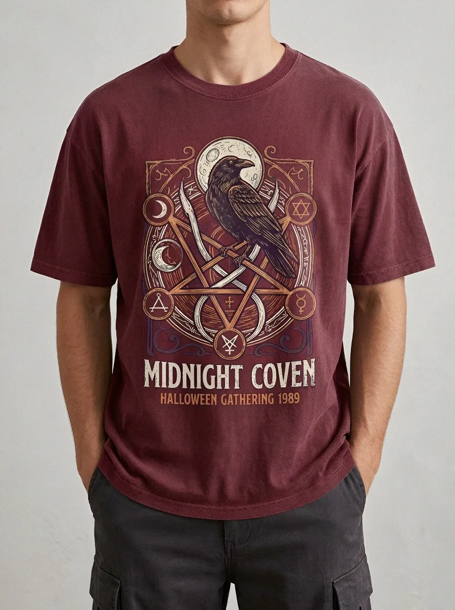 Men's Halloween Gothic Raven Pentagram Midnight Coven Printed T-shirt