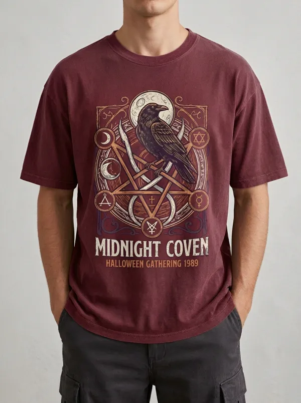 Men's Halloween Gothic Raven Pentagram Midnight Coven Printed T-shirt
