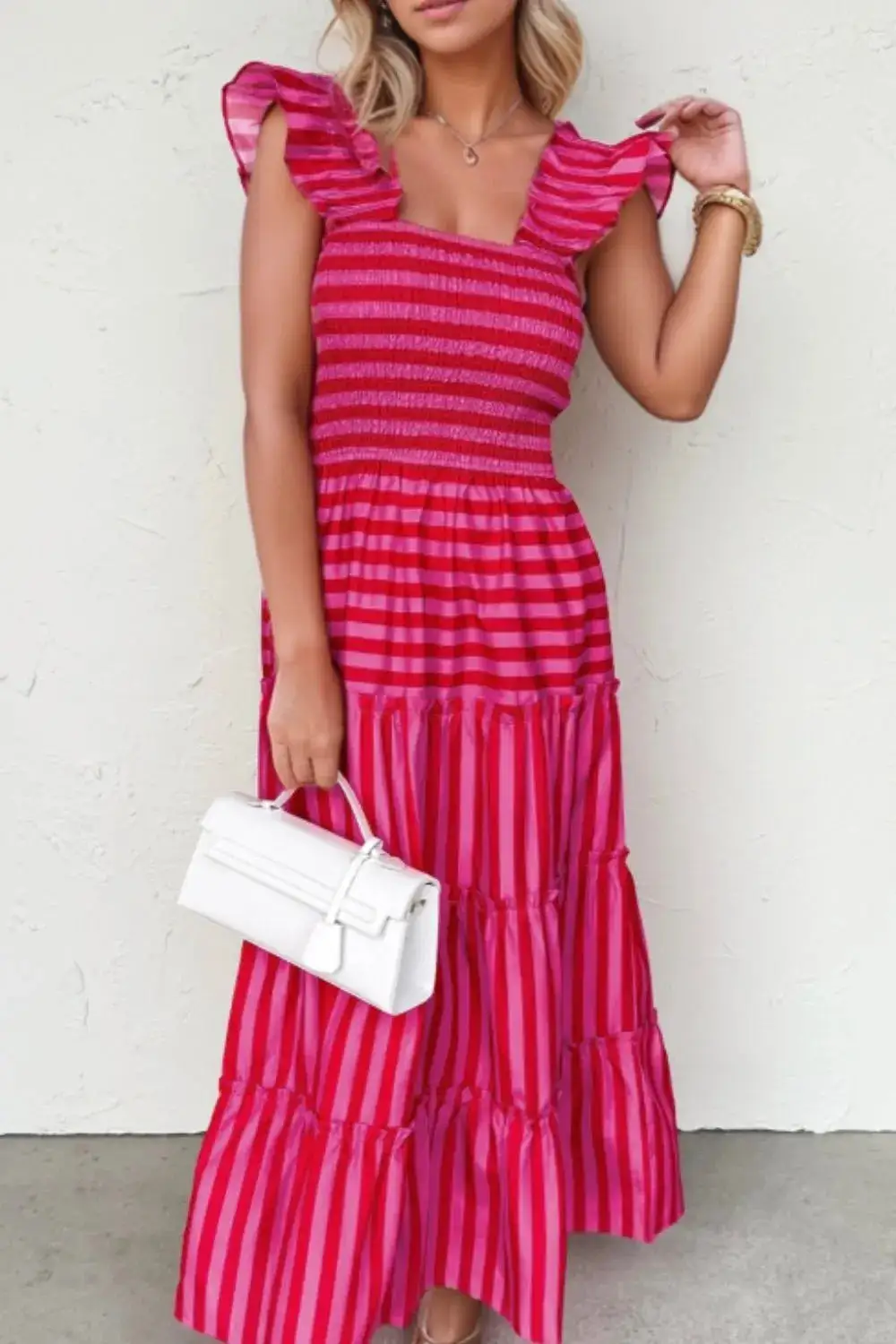 Tiered Flutter-Sleeve Striped Maxi Dress