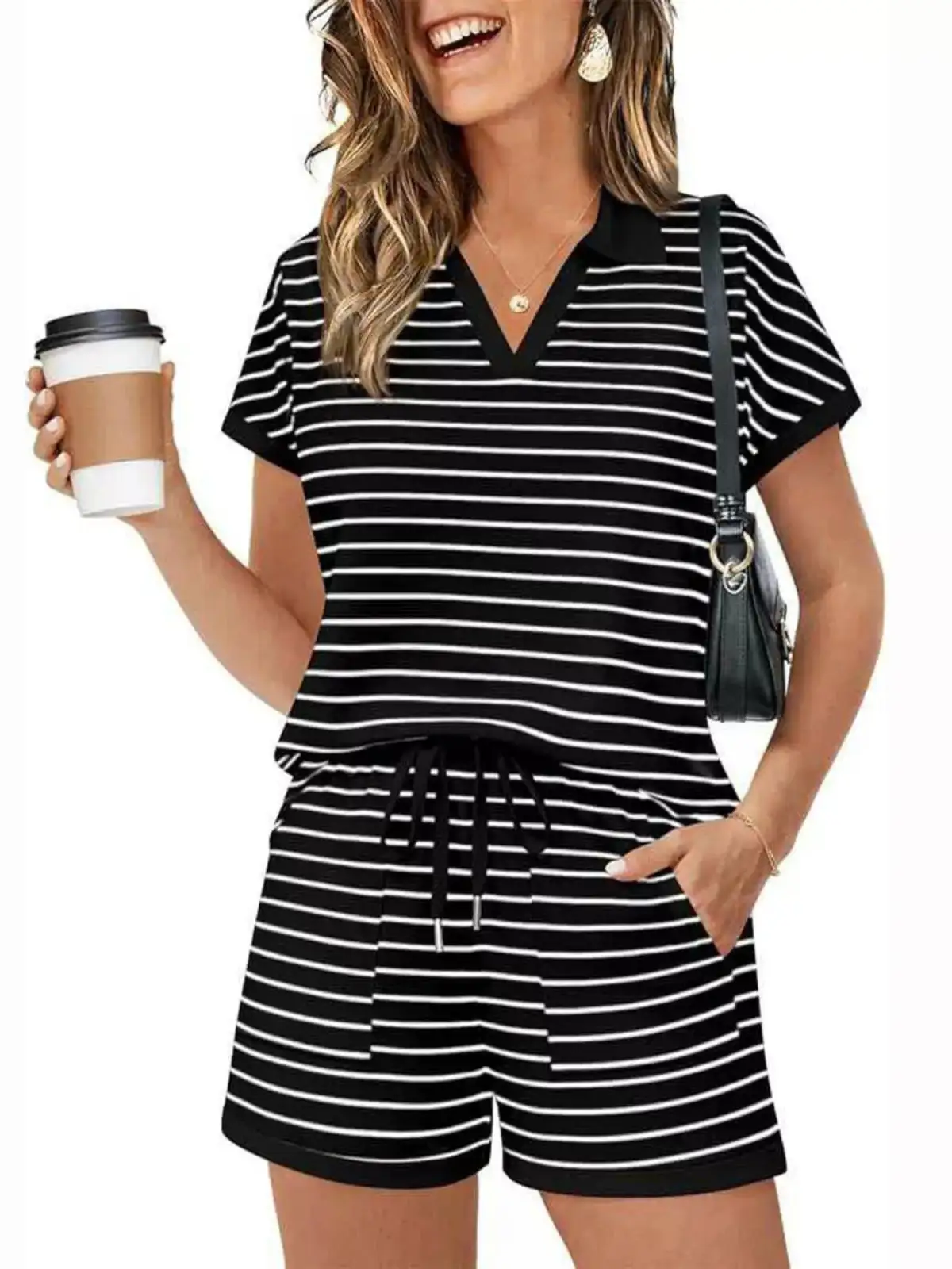 Refined Drawstring Pocketed Striped Top and Shorts Matching Set
