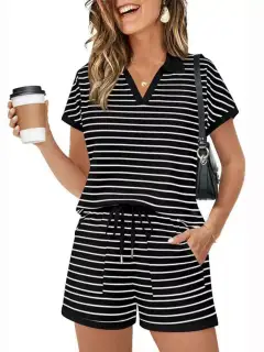 Refined Drawstring Pocketed Striped Top and Shorts Matching Set