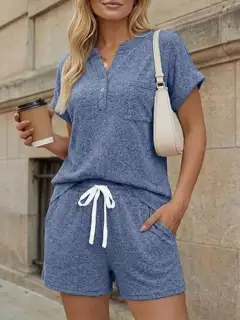 Polished Drawstring Pocketed Top and Shorts Matching Set