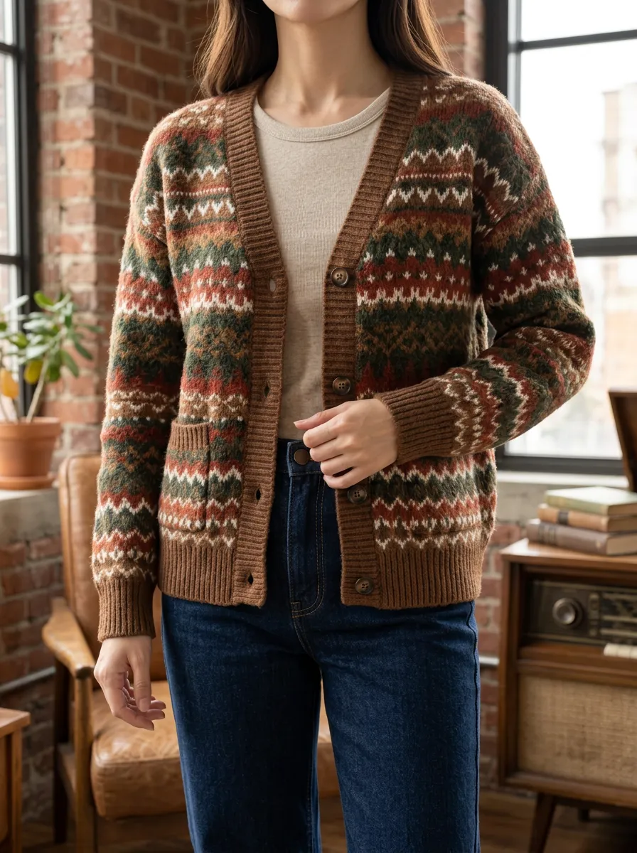 Women's Vintage Fair Isle Pattern Printed Patch Pocket Classic Everyday Cardigan