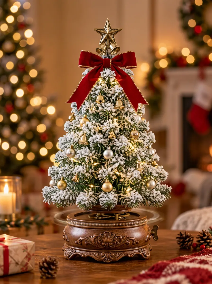 Snowy Pine Red Bow Gold Bell Christmas Tabletop Tree