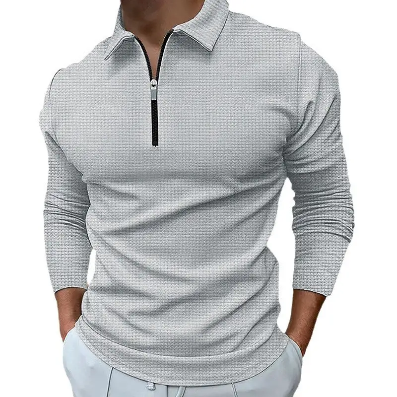 Waffle Texture Spread Collar Long Sleeve Polo Shirt