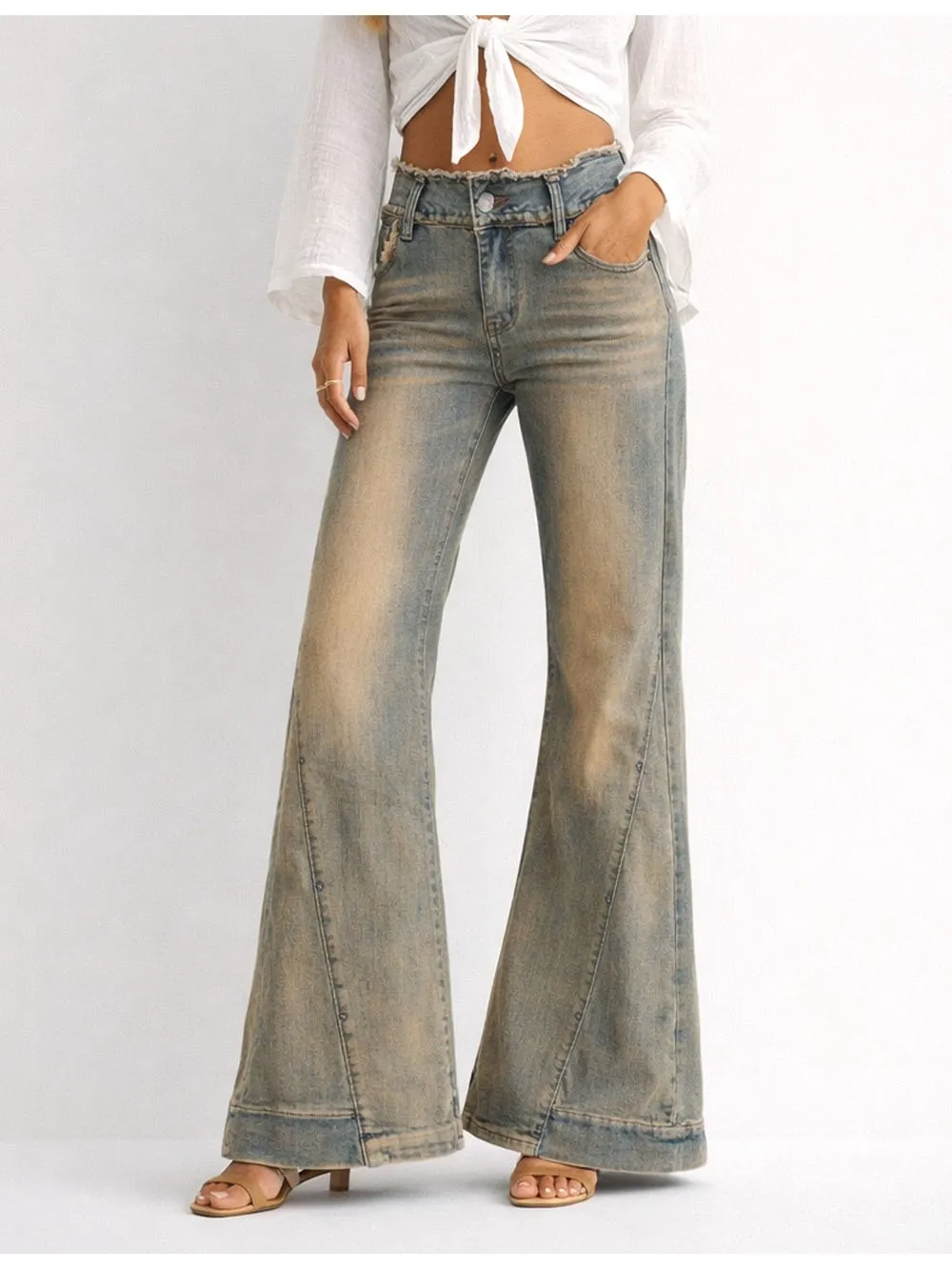 Vintage Raw Edge Waist Flared Leg Denim Pants