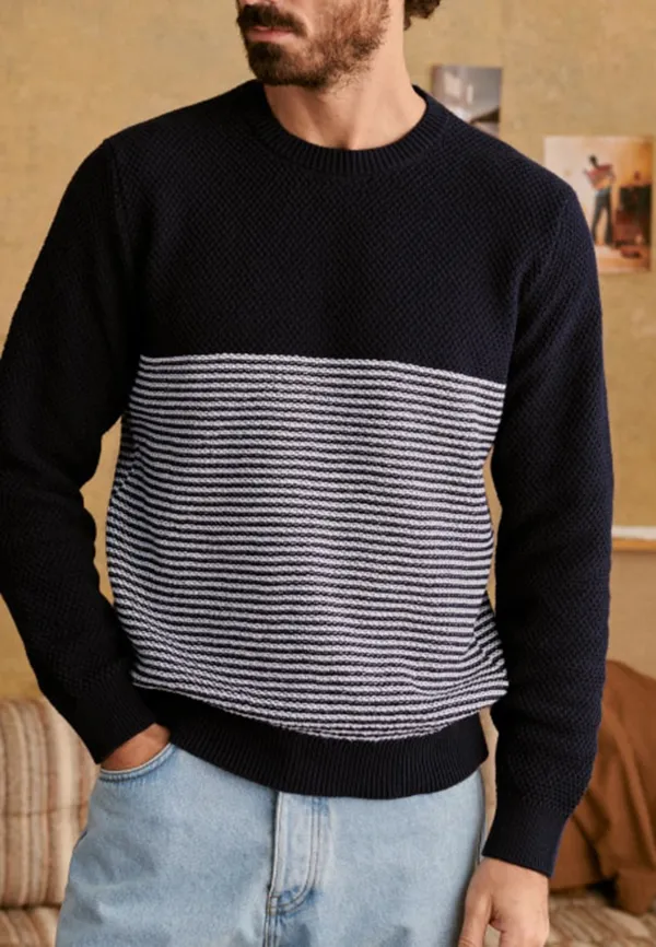 Navy Ecru Stripe Color Block Sweater