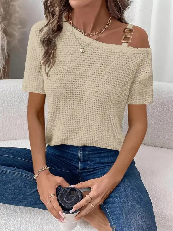 One Shoulder Chain Detail Waffle Knit Blouse
