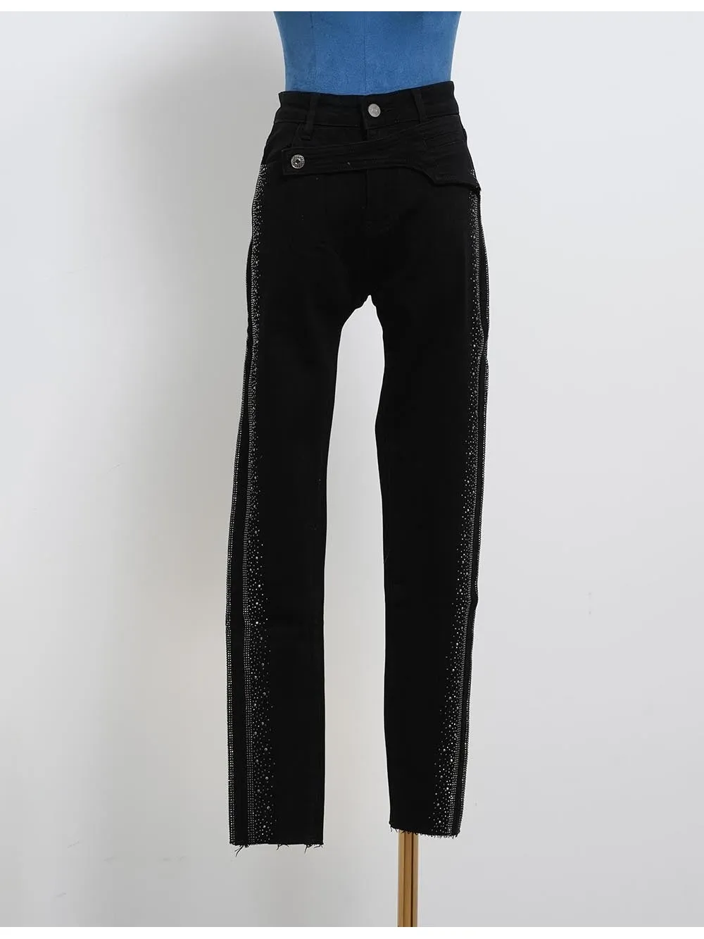 Side Rhinestone Button Waist Skinny Denim Pants