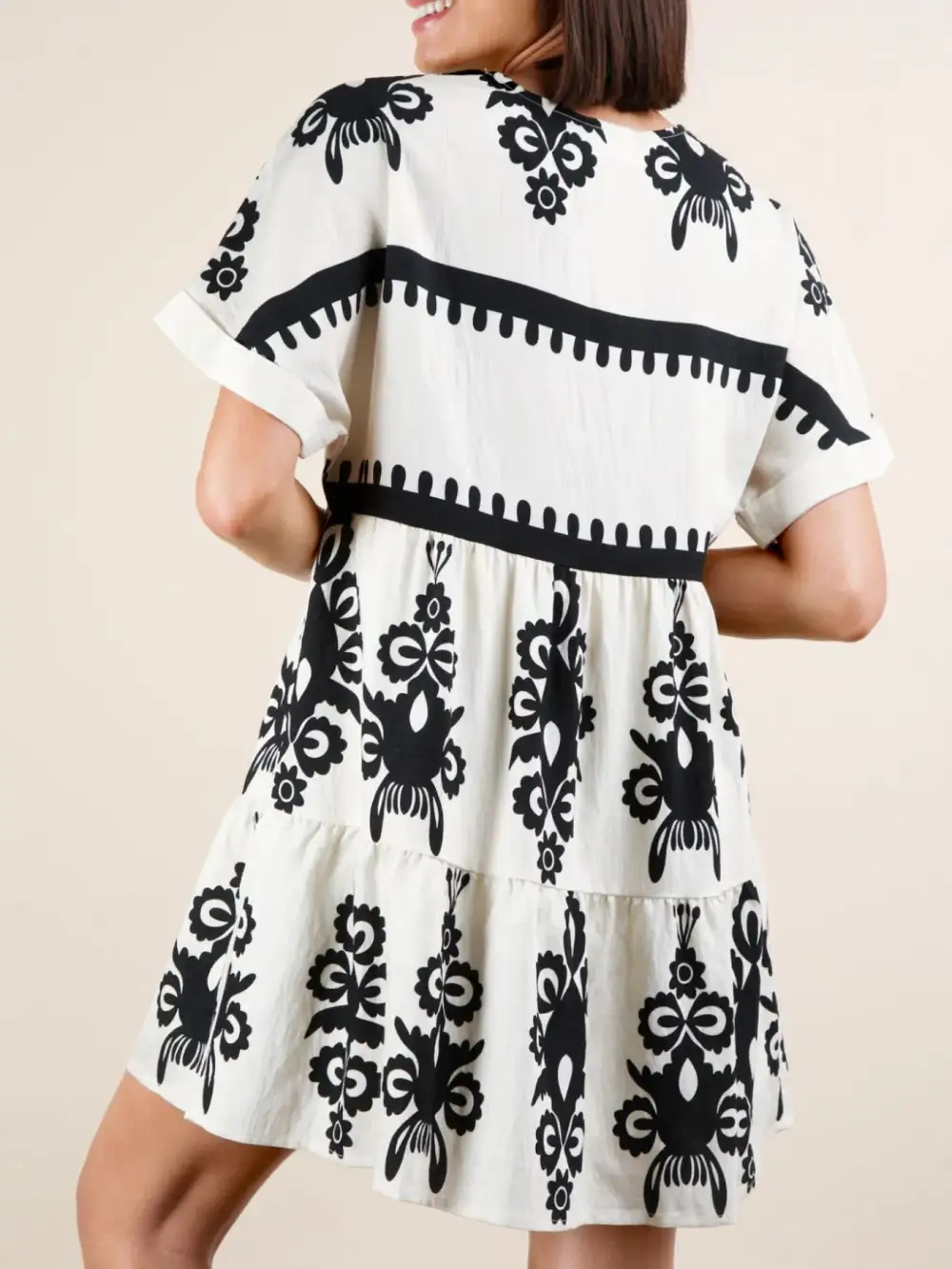Printed V Neck Short Sleeve Mini Dress