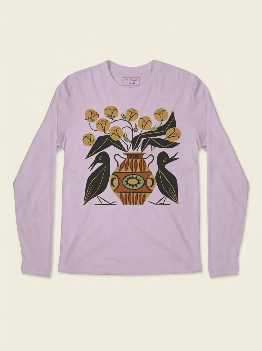 Folk Art Bird And Floral Vase Long Sleeve T-Shirt