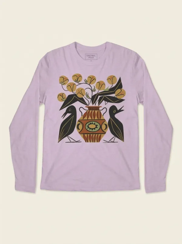 Folk Art Bird And Floral Vase Long Sleeve T-Shirt