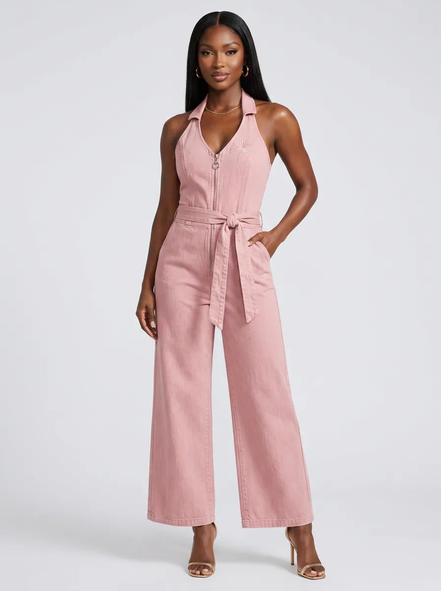 Pink Embroidered Zip-Front Denim Jumpsuit